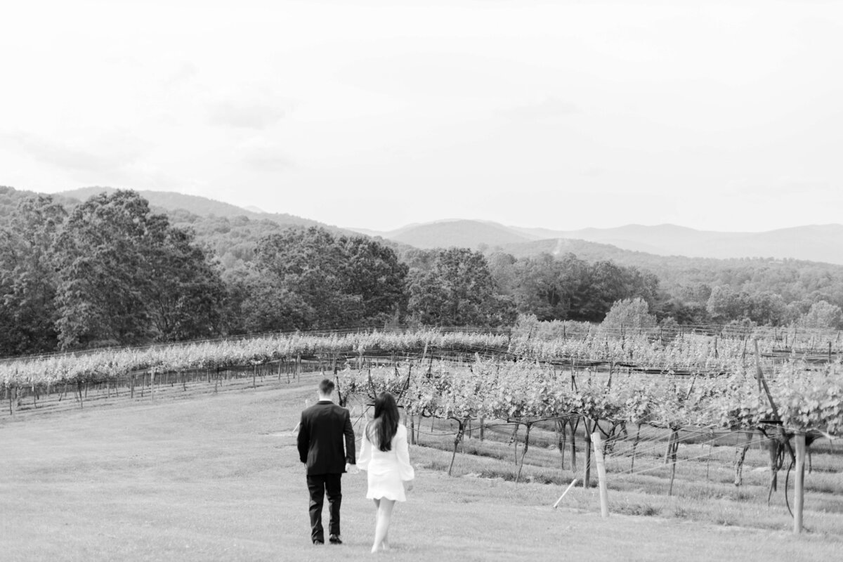 A bride and groom stare at kaya vineyards.