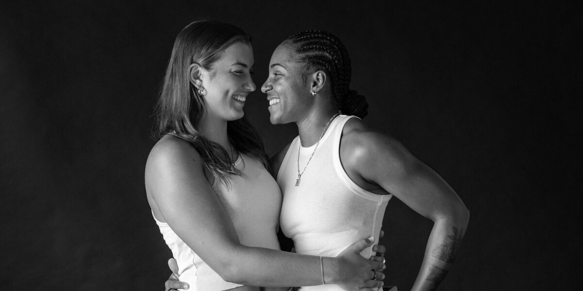 black and white couples portrait of same sex couple in los angeles studio