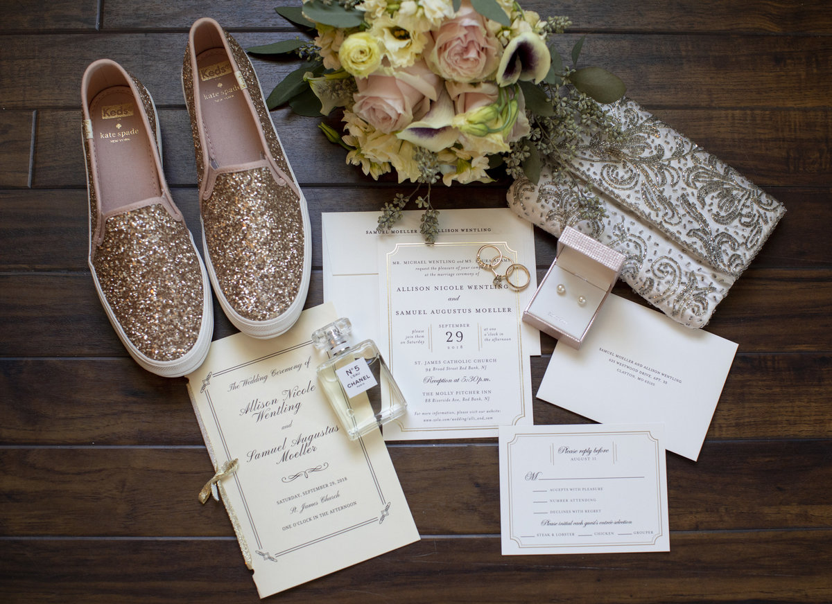 classic flat lay details for molly pitcher inn wedding