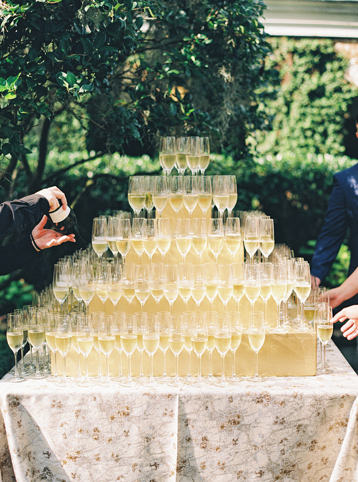 Champagne tower at spring Thomas Bennett House spring wedding.