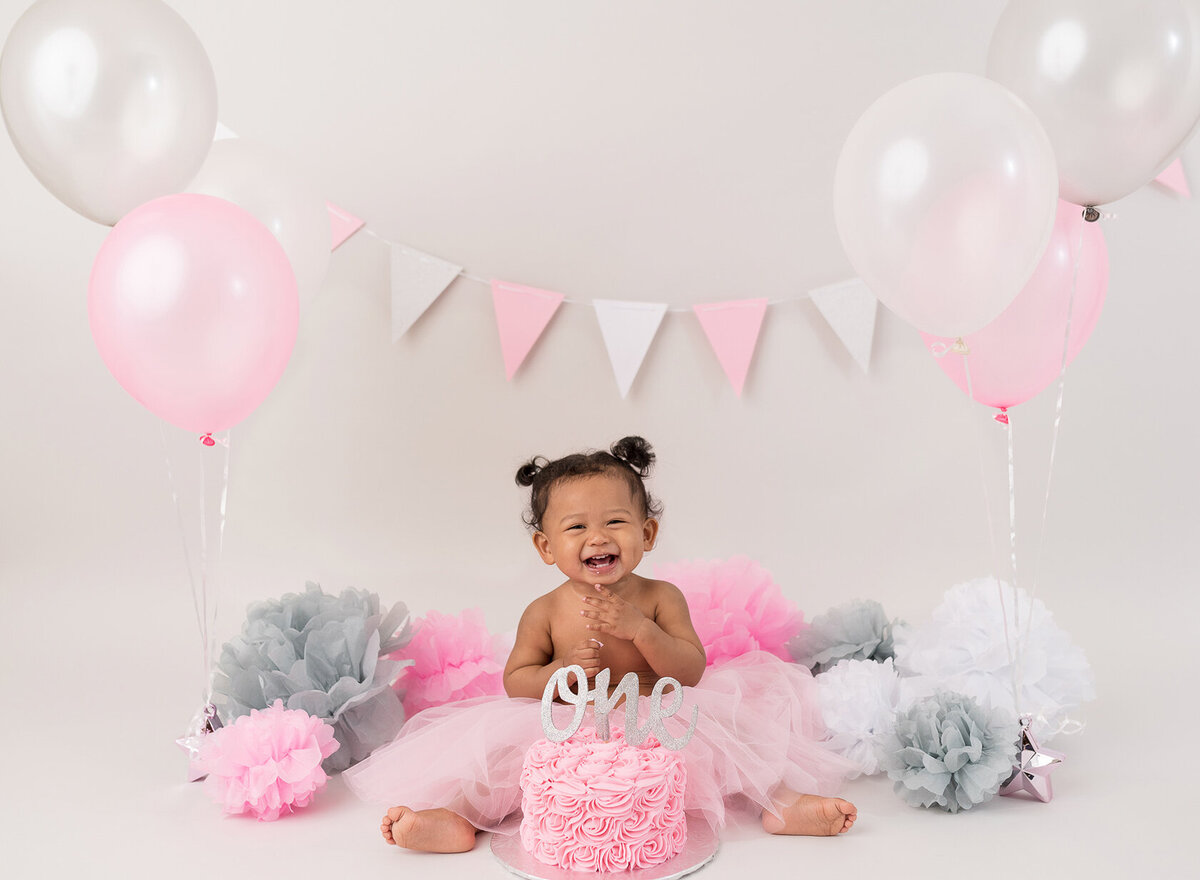 Pink, silver and grey baby cake smash themed photoshoot in Houston