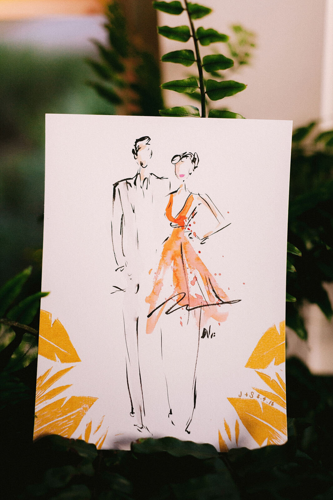 A pretty sketch of a man and woman amidst green leaves in Montage at Palmetto Bluff. Destination Wedding Image by Jenny Fu Studio