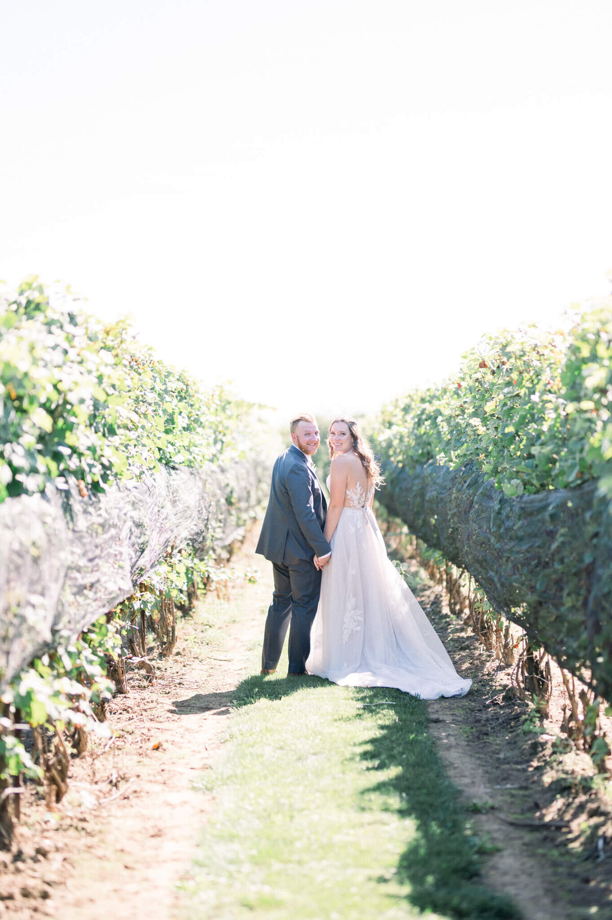 Bride and groom walking through vineyard turn to camera