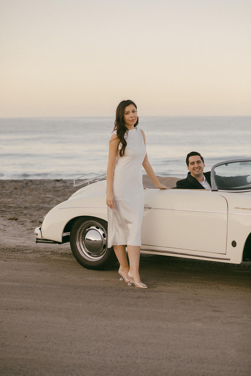 Beach engagement with vintage car Emma Lauren Photos Southern California Wedding Photographer -9