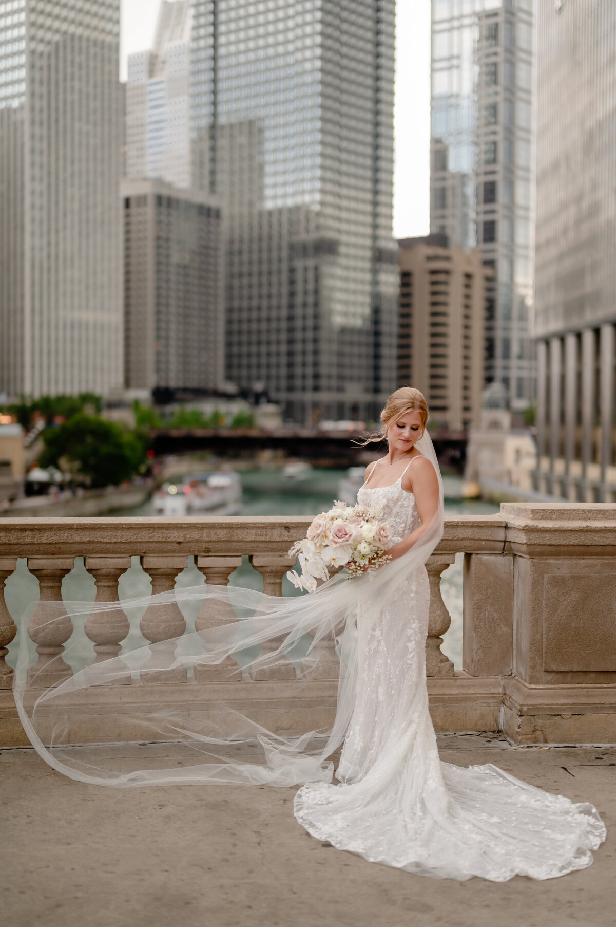 Brides veil blows in the wind Chicago, IL