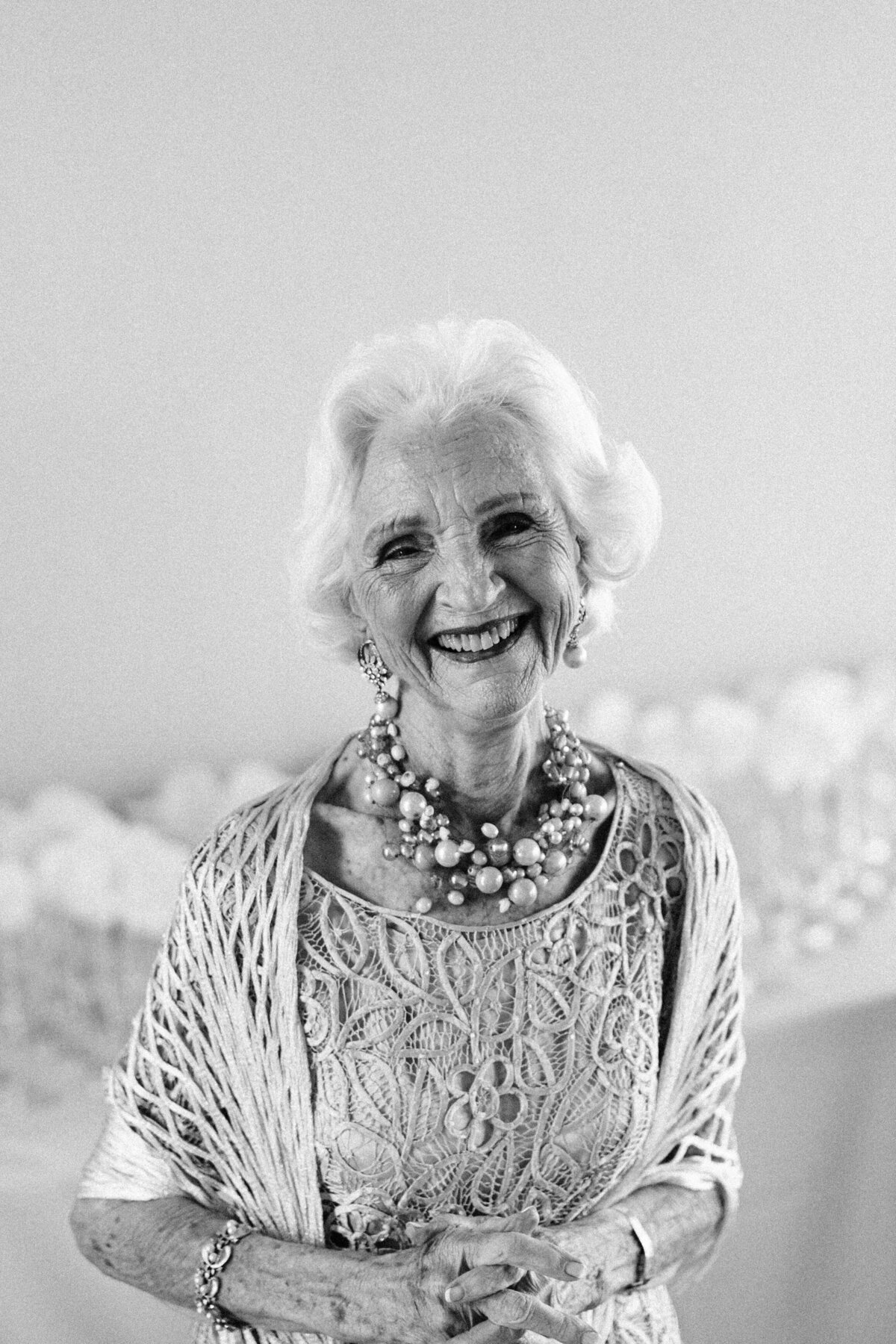 Black and white portrait of the bride’s grandmother during a wedding at The Adams Estate in Lake Wales, Florida.
