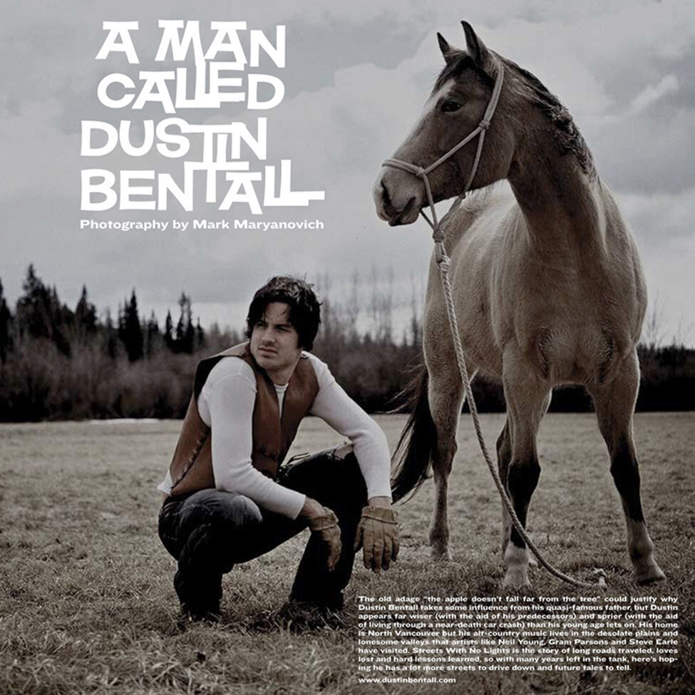 Magazine article featuring country musician Dustin bentall crouching in field next to horse publication Ion