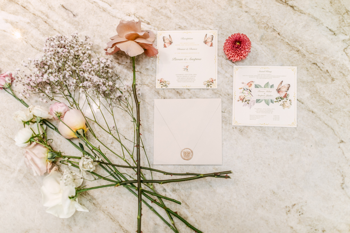 wedding-invitation-butterfly-flowers-gold-wax-stamp