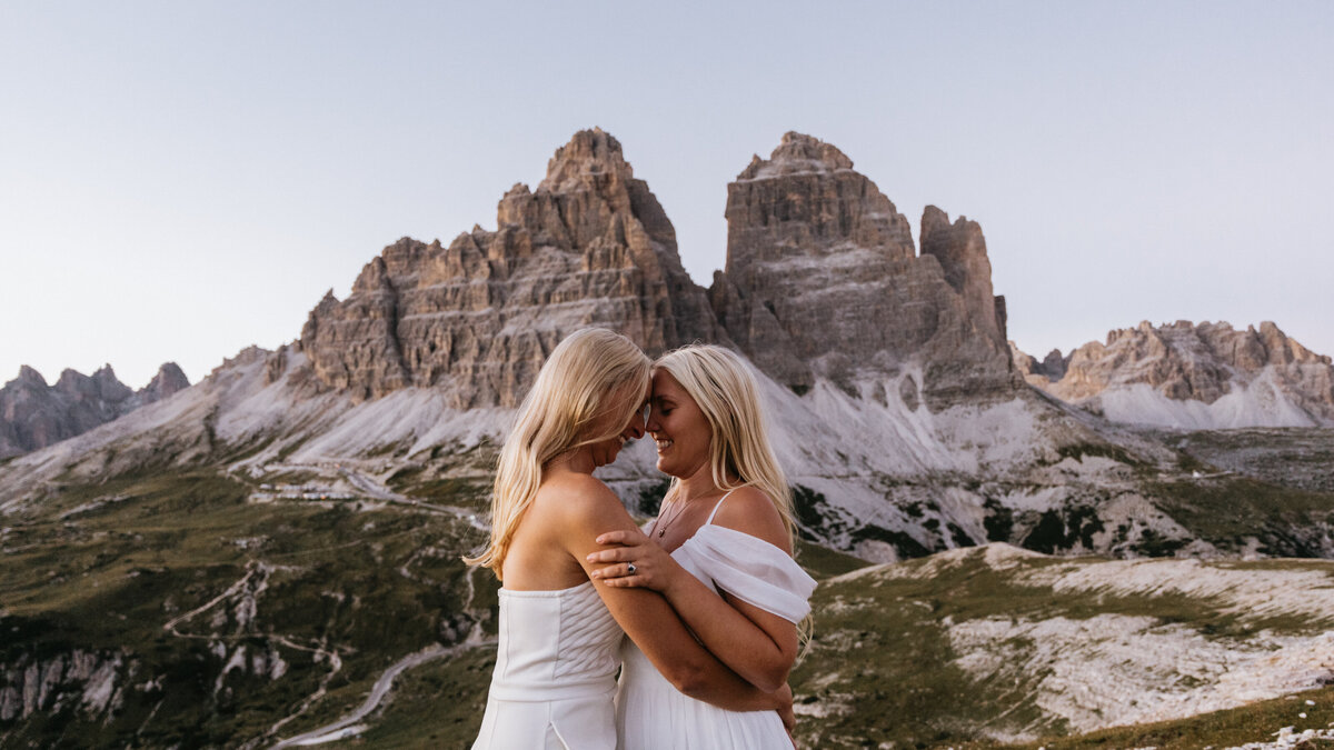 Lesbians eloping in the Italian Dolomites at Tre Cime