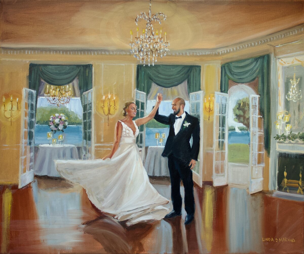 live wedding painting of bride and groom dancing in yellow ballroom