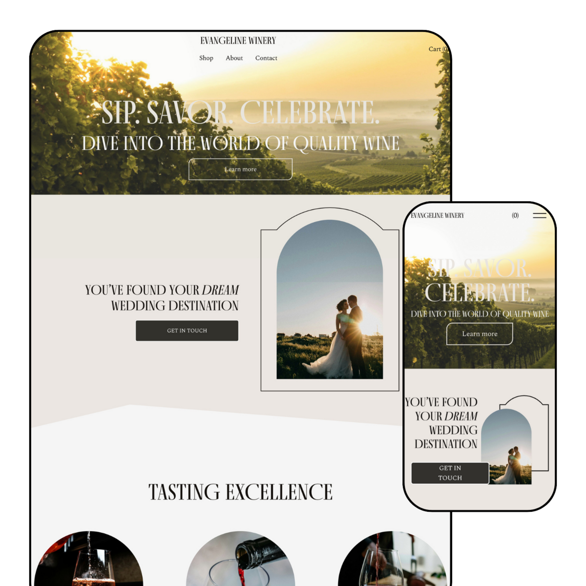 Example of a professional website for a winery or event venue featuring a modern and elegant theme