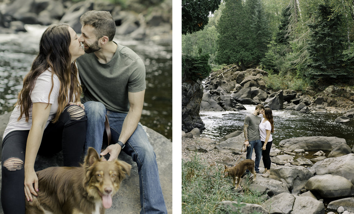 two images of couple kissing while holding dog and walking together along the river bank of summer park