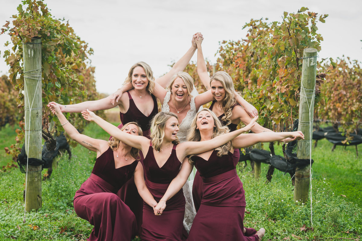 wedding photo of brides with bridesmaids in vineyards at The Vineyards at Aquebogue