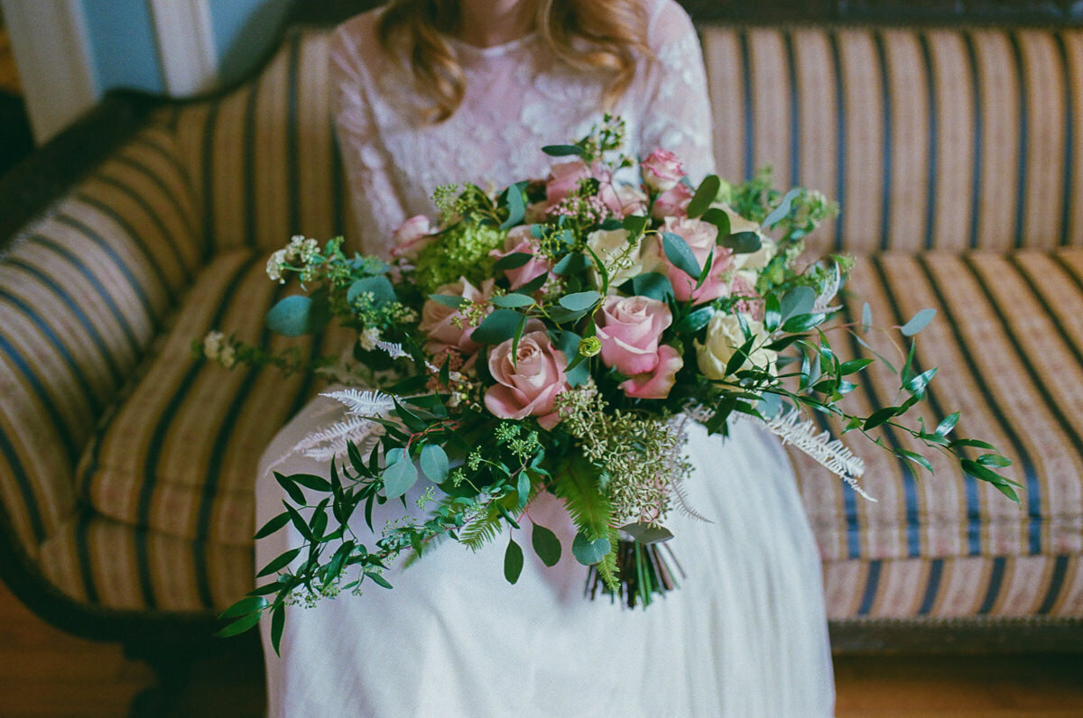 Close up view of a bride's bouquet.
