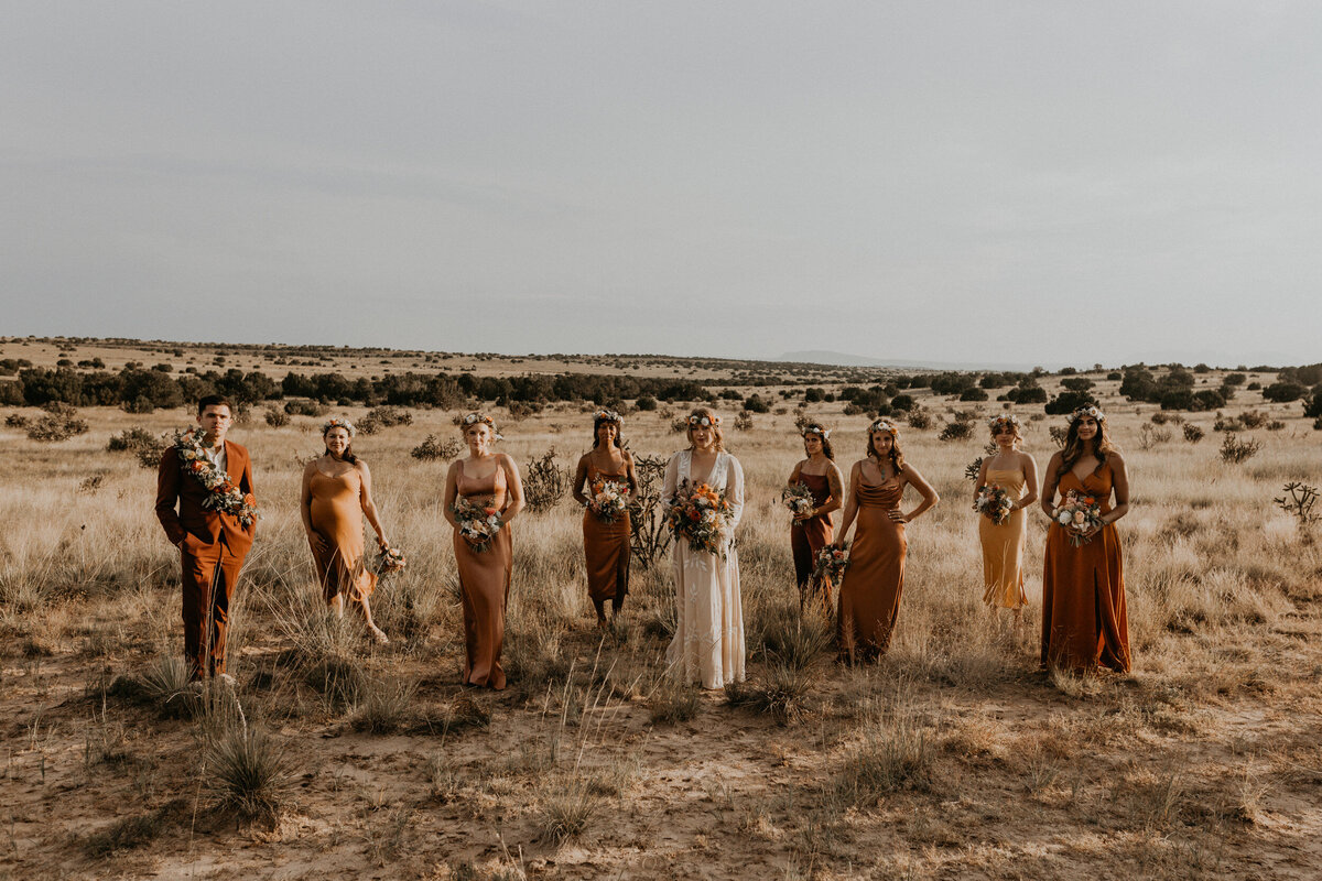bride and her wedding party in the desert