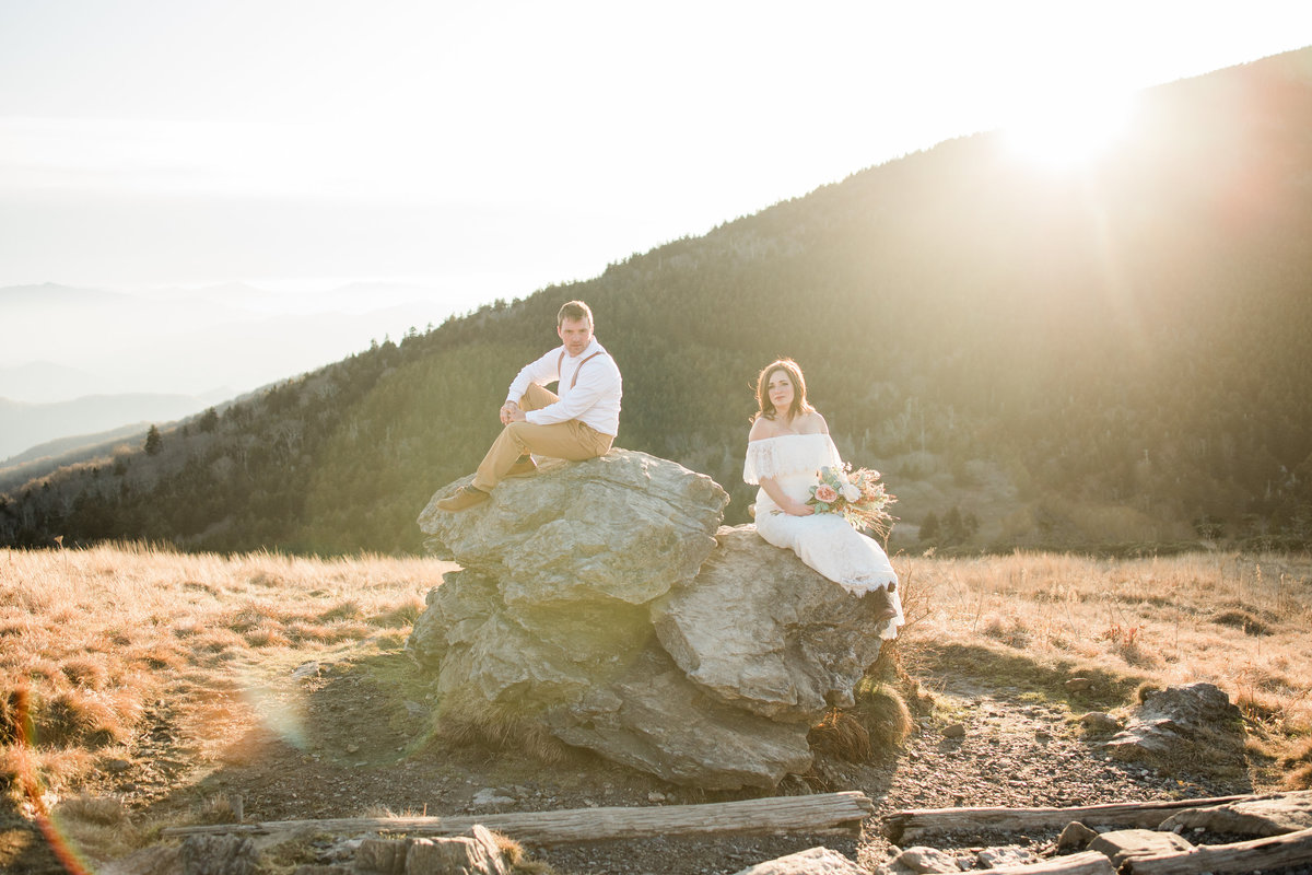 Roan Mountain Adventure Elopement Couples Photo on a rock at golden hour