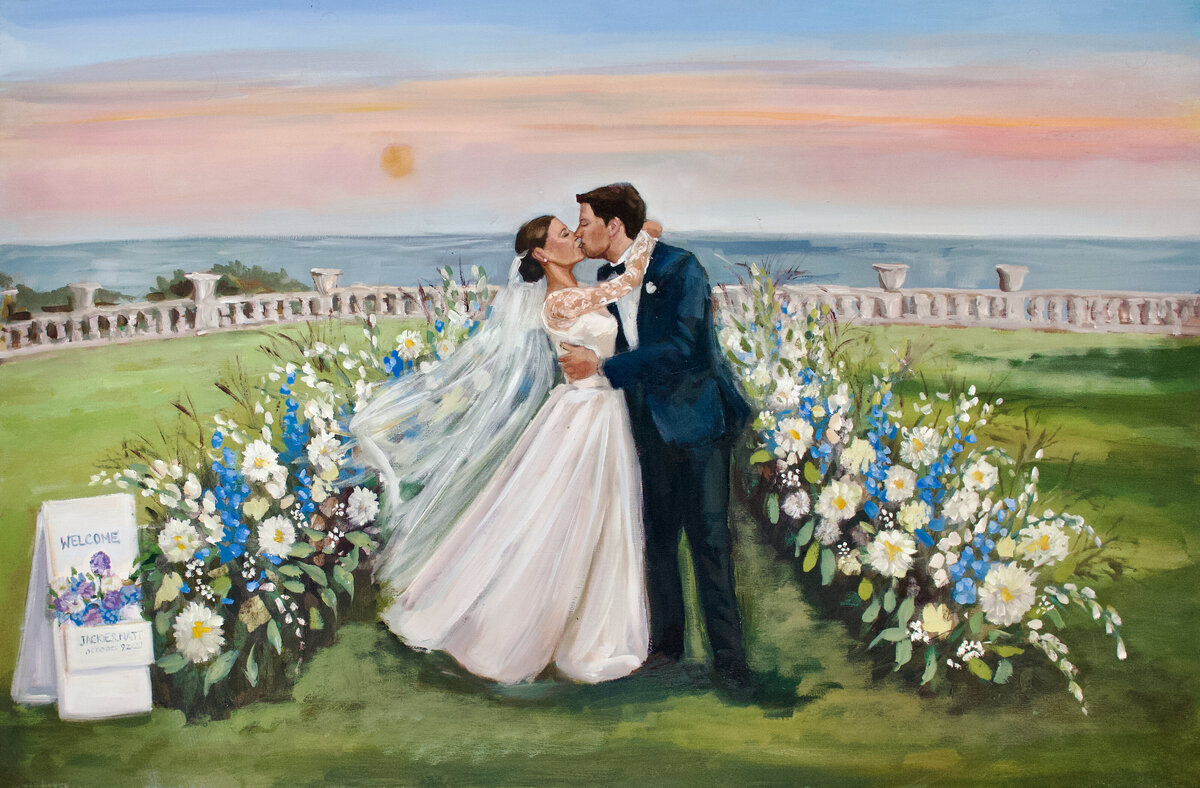 Wedding Painting of Bride and Groom kissing at outdoor ceremony Rosecliff Mansion, Newport RI