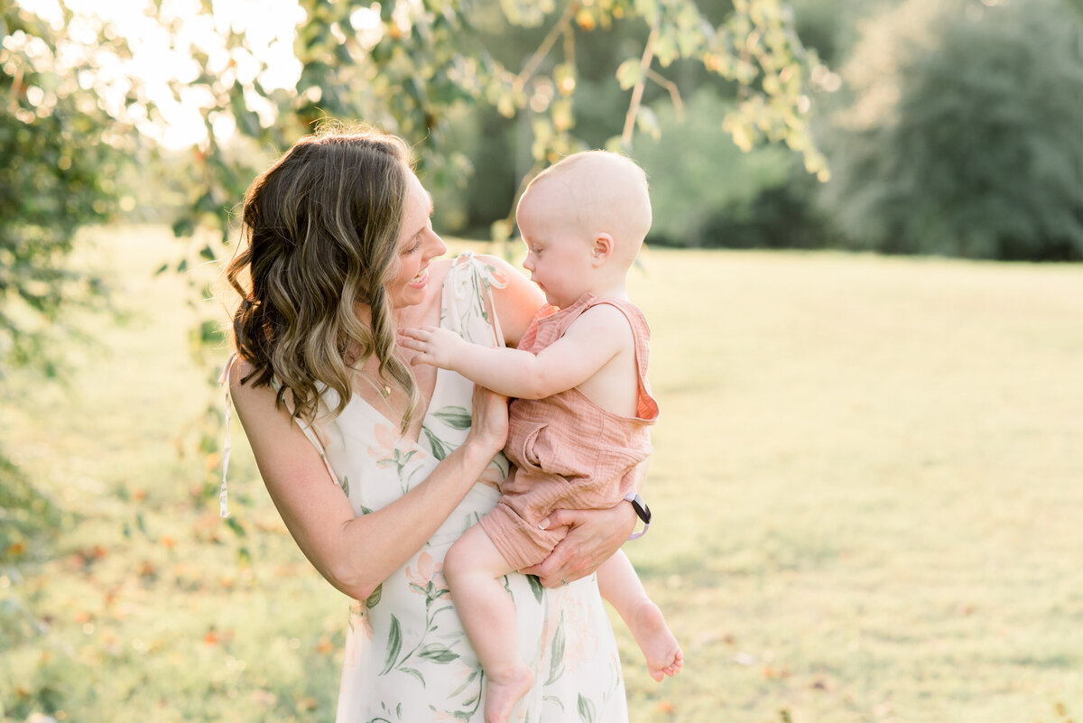 a baby looking at her mom