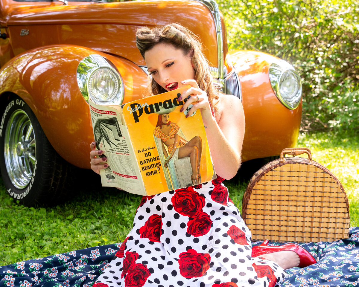 goddess studio boudoir woman pinup special summertime parade magazine picnic basket old ford pickup pinup hair dress red roses