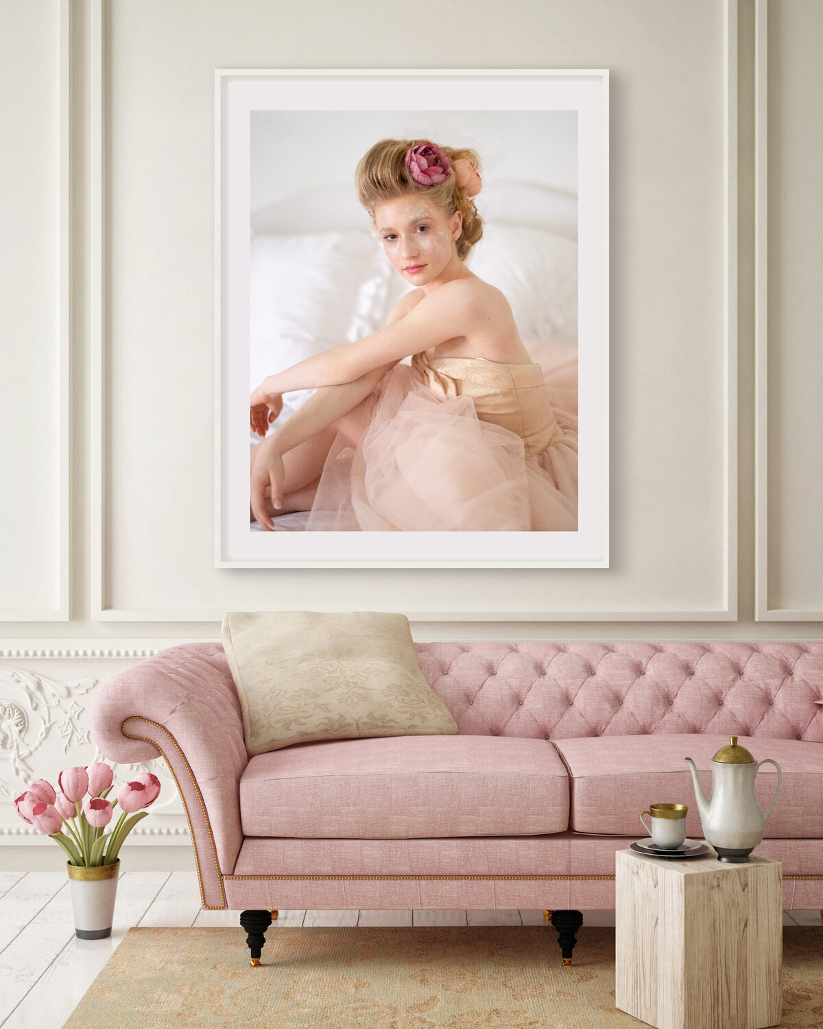 Austin Child  Portrait Photographer. Portrait of a ballerina in pink sitting on the bed.