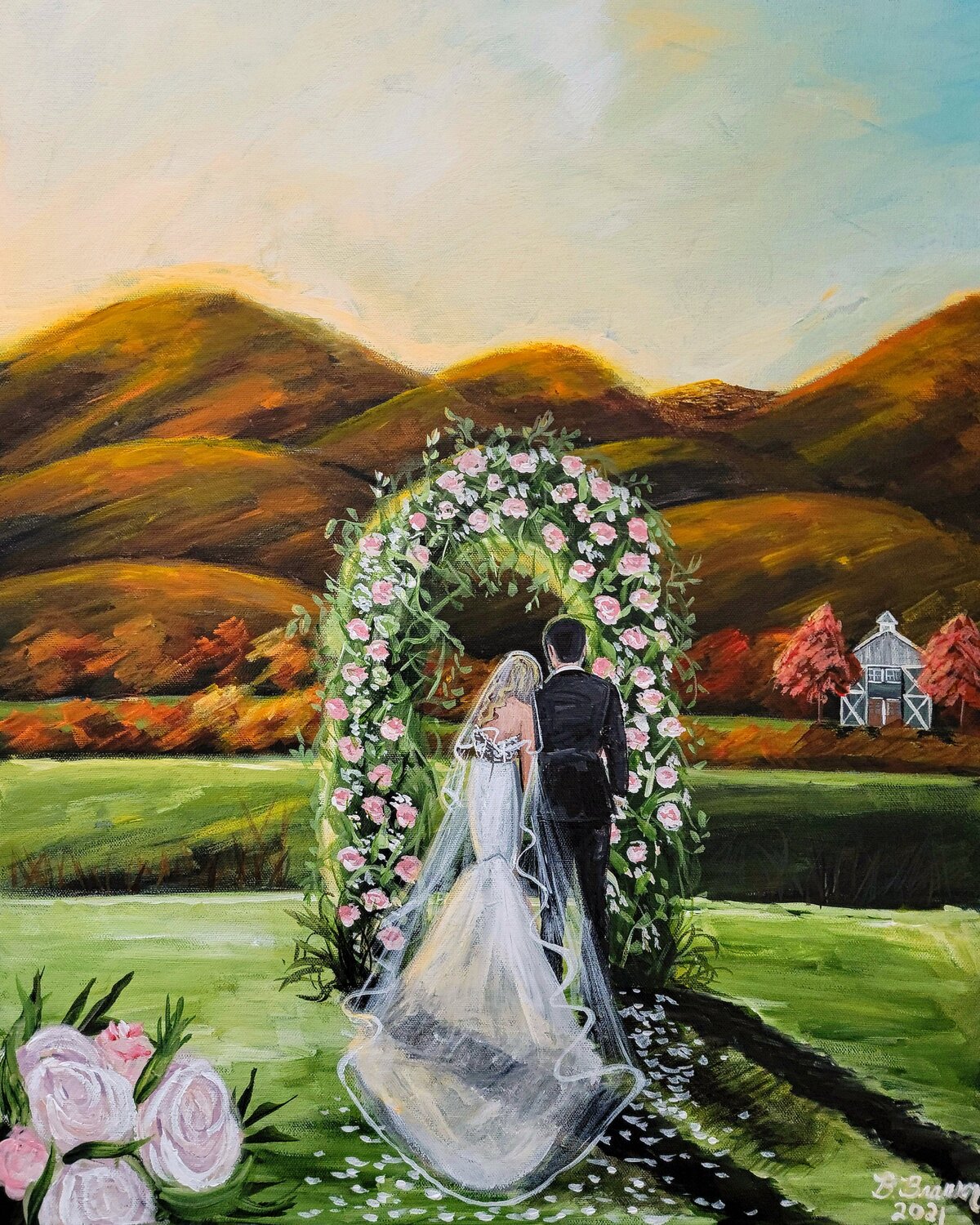 One of my favorite barn venues in the country! Love this unique view of the mountains with the farmhouse in the background for this live wedding painting.