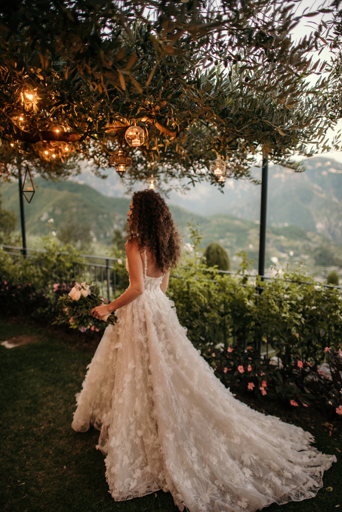 Golden hour bride portrait under the olive trees in hotel Caruso wedding