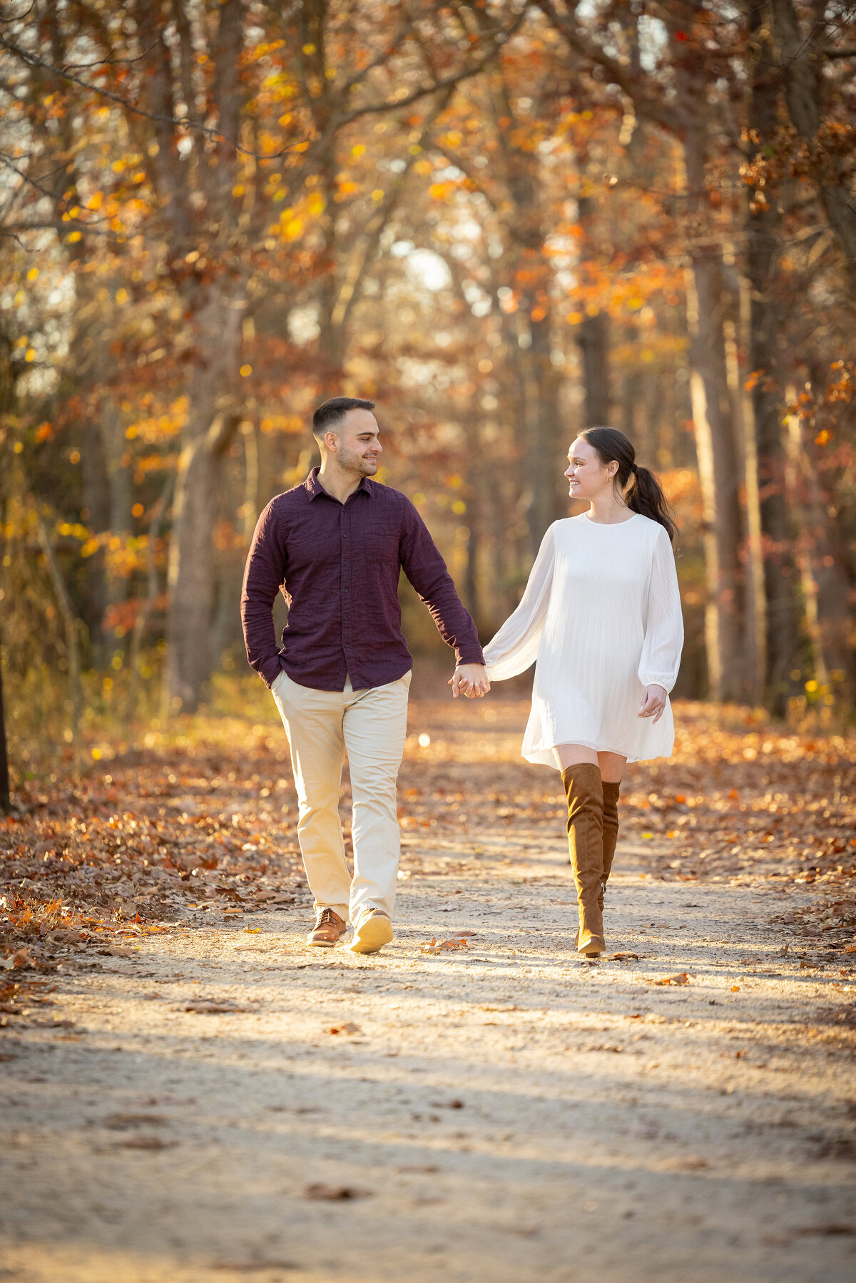 engaged-couple-walking-candid-autumn-nj