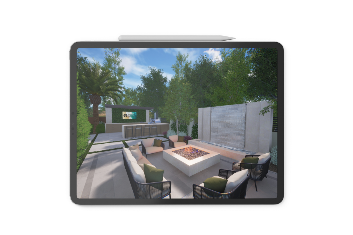 Ipad with rendering photo of a backyard design with no pool.