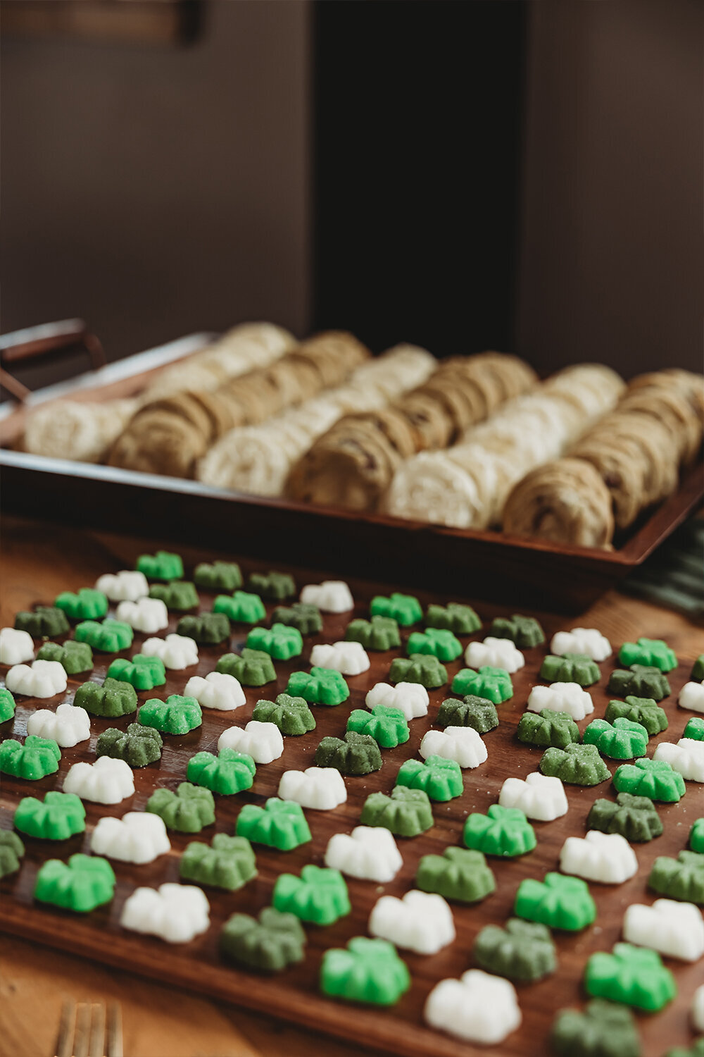 Mountain Sage Wedding dessert table at Camelot Ranch featuring Irish mints and elegant dessert selection.