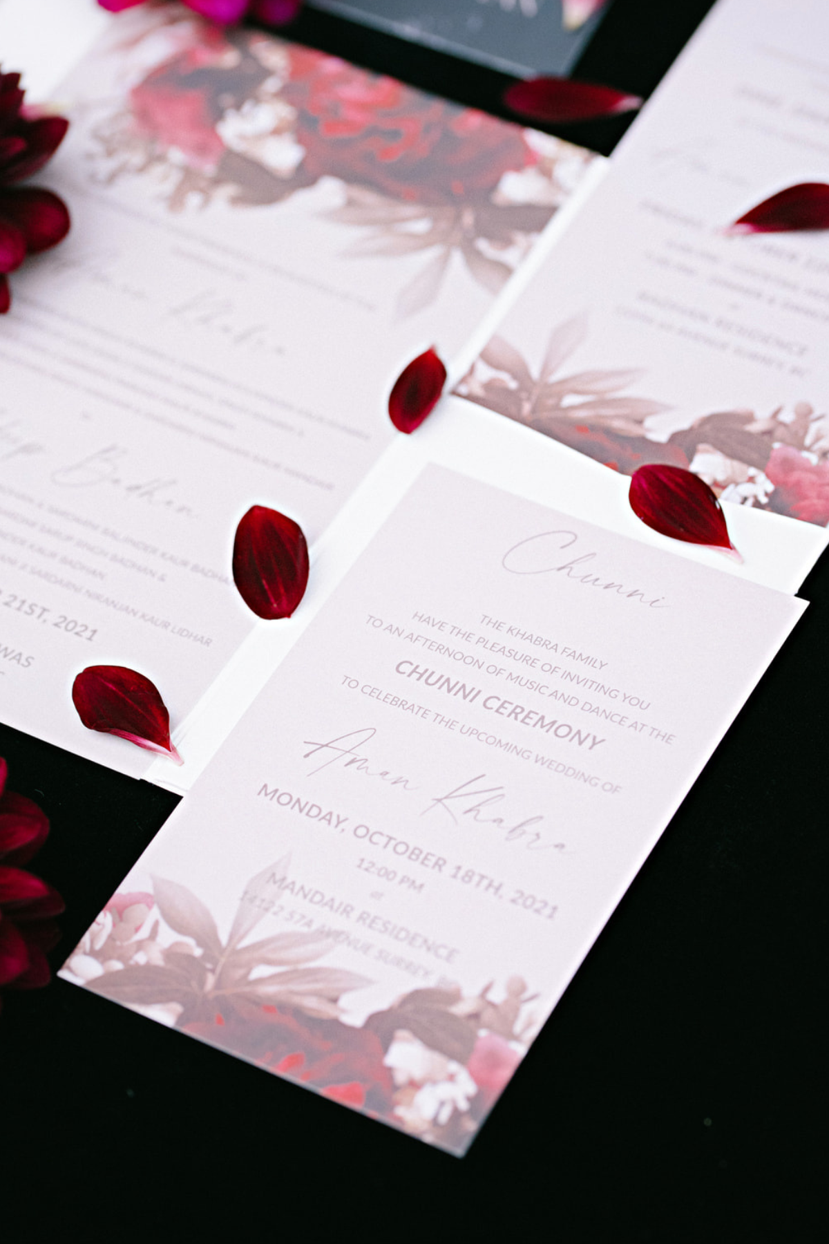 black-gold-burgundy-red-tent-reception-stationery-invitation-flowers