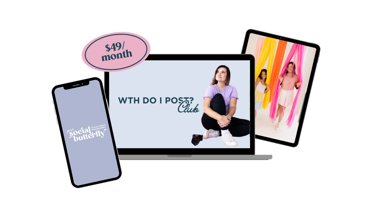 laptop, phone, and ipad with WTH Do I post Club Images for Florida Social Butterfly Social Media Management Memerbership