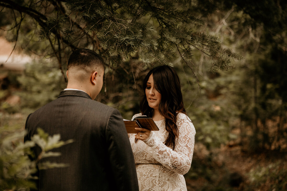 bride and groom exchanging private vows in the forest in Cedar Crest New Mexico