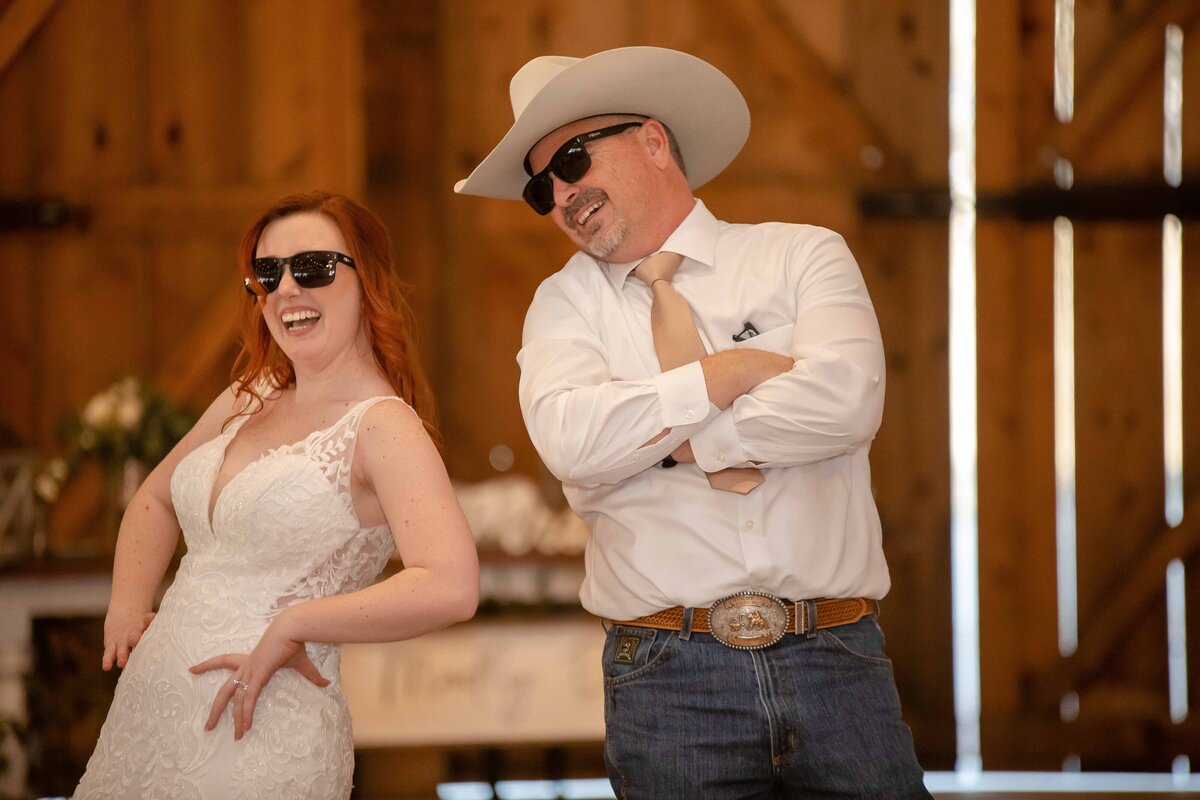 bride and father wear sunglasses and pose with hands on hips Fort Worth wedding photographer
