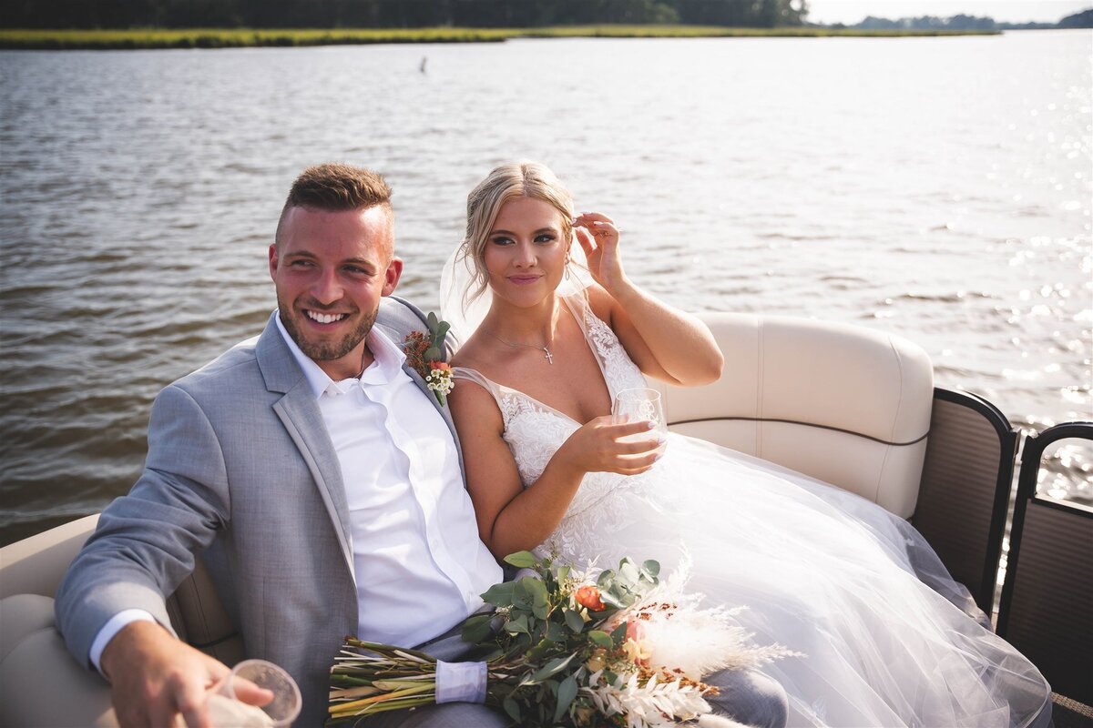Wedding Pontoon Boat Yacht Club Kitty's Flowers Champagne Prosecco Husband Wife Pregnant Wicomico River