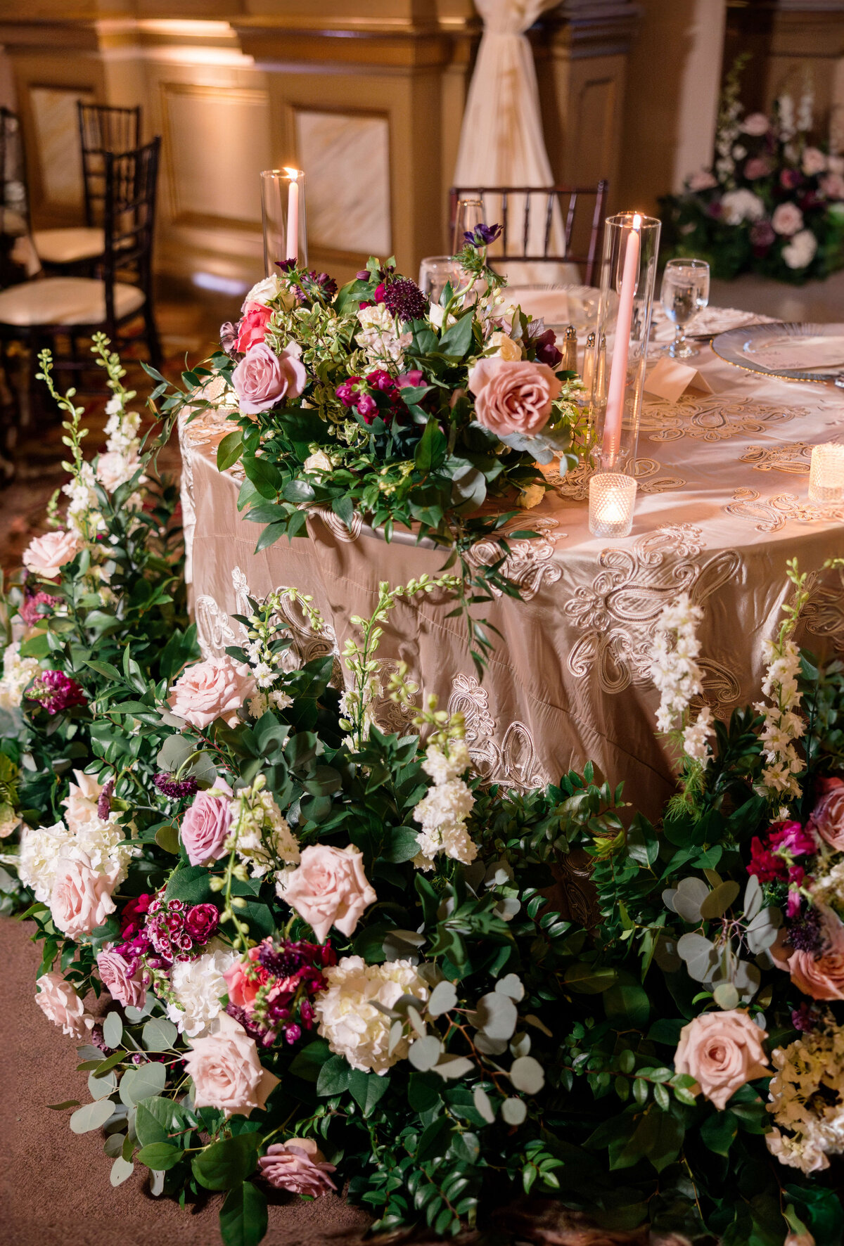 A round table adorned with intricate lace and surrounded by lush floral arrangements, featuring roses and greenery. Two tall candles and small votives add a soft glow, creating an elegant and romantic atmosphere.