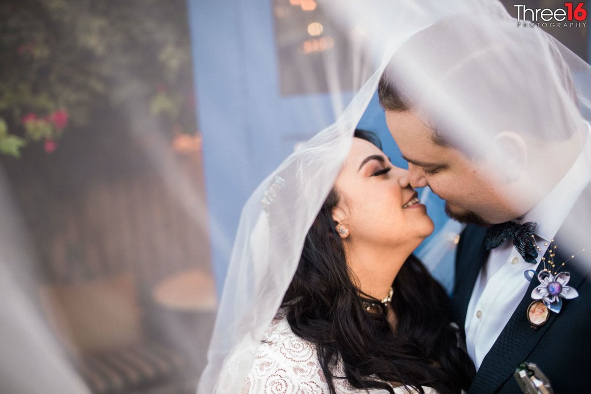 Moment right before an intimate kiss between Bride and Groom while under her veil