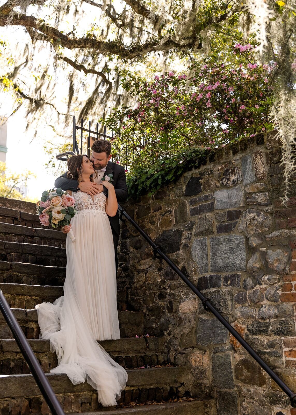 Bride-Groom-Portrait-stairs-Vic's-On-The-River-Savanah