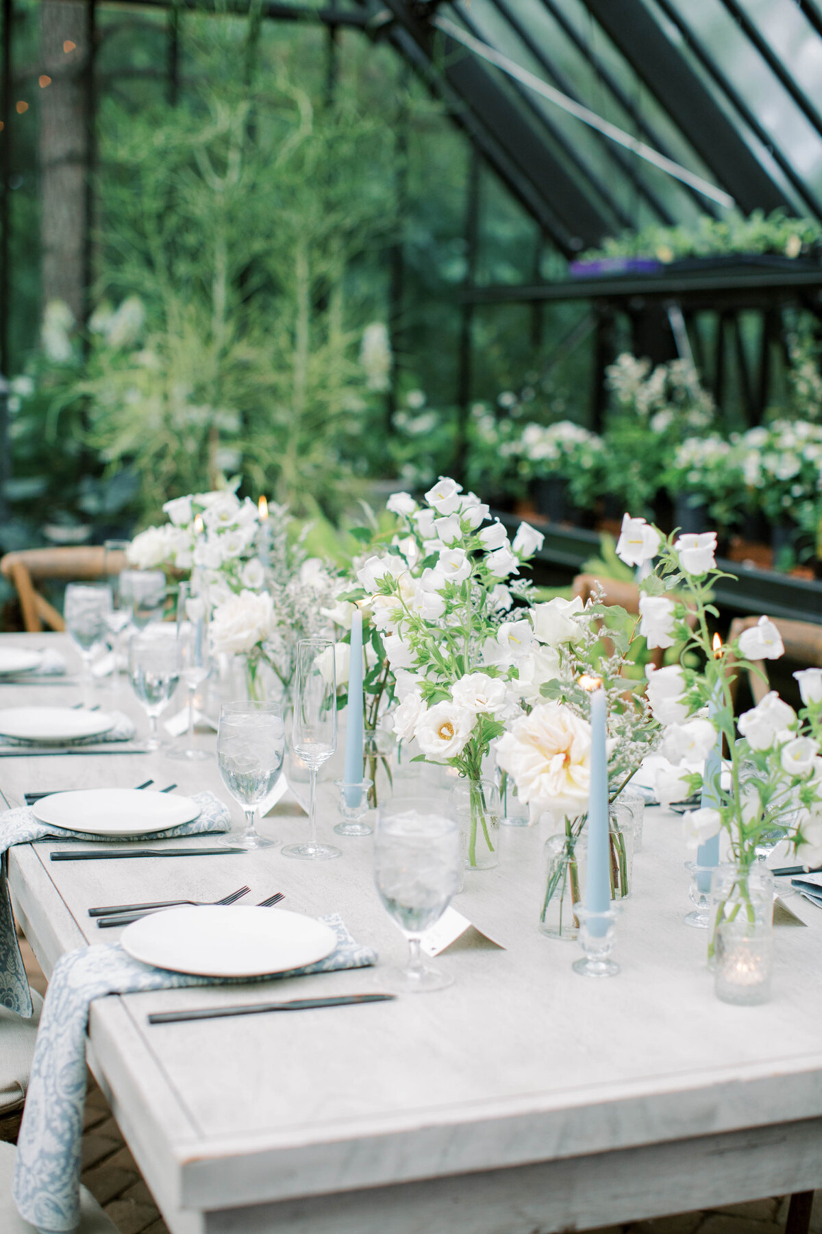 garden inspired classic timeless white and light blue minimalist modern bud vase tablescape