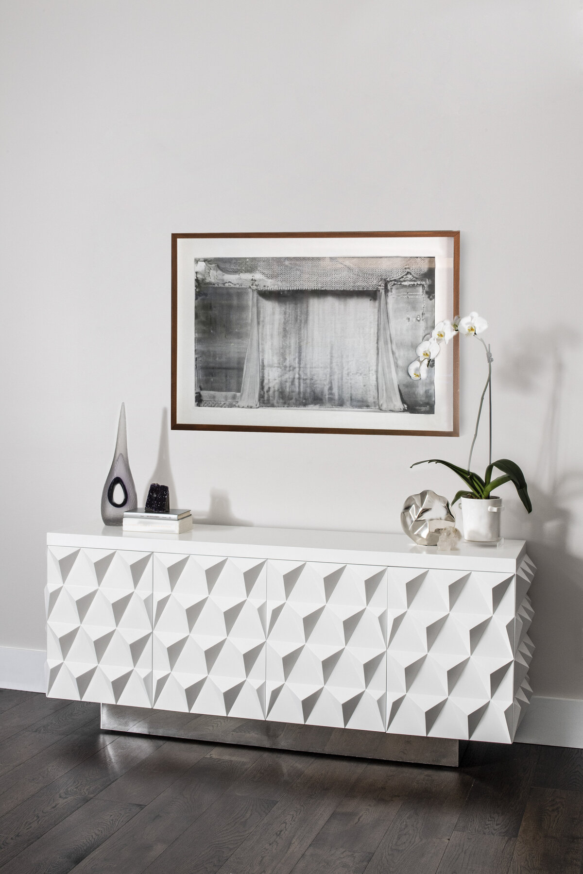 Modern White Dresser with Wall Portrait