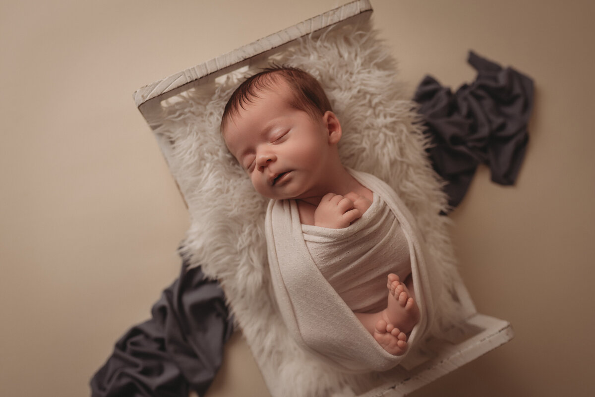 newborn photography session in atlanta ga with baby boy asleep in little bed on cream backdrop