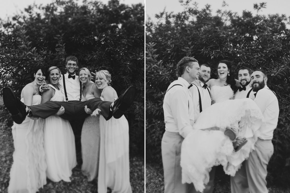 Fun bridal party photos of bridal party carrying bride and groom in black and white photo | Susie Moreno Photography