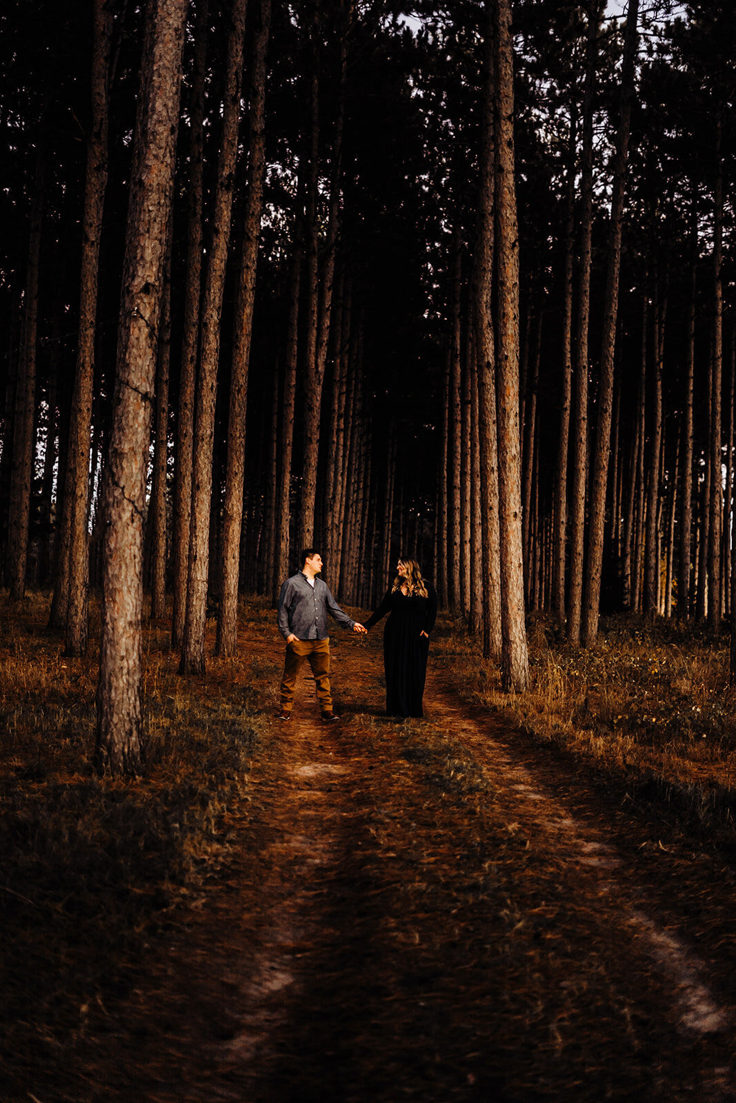 engagement couple standing in pine forest at sunset