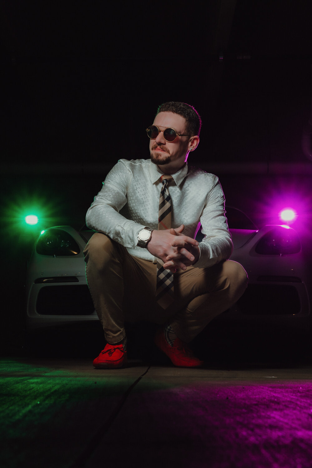 man and his Porsche with colored gels and off camera flash