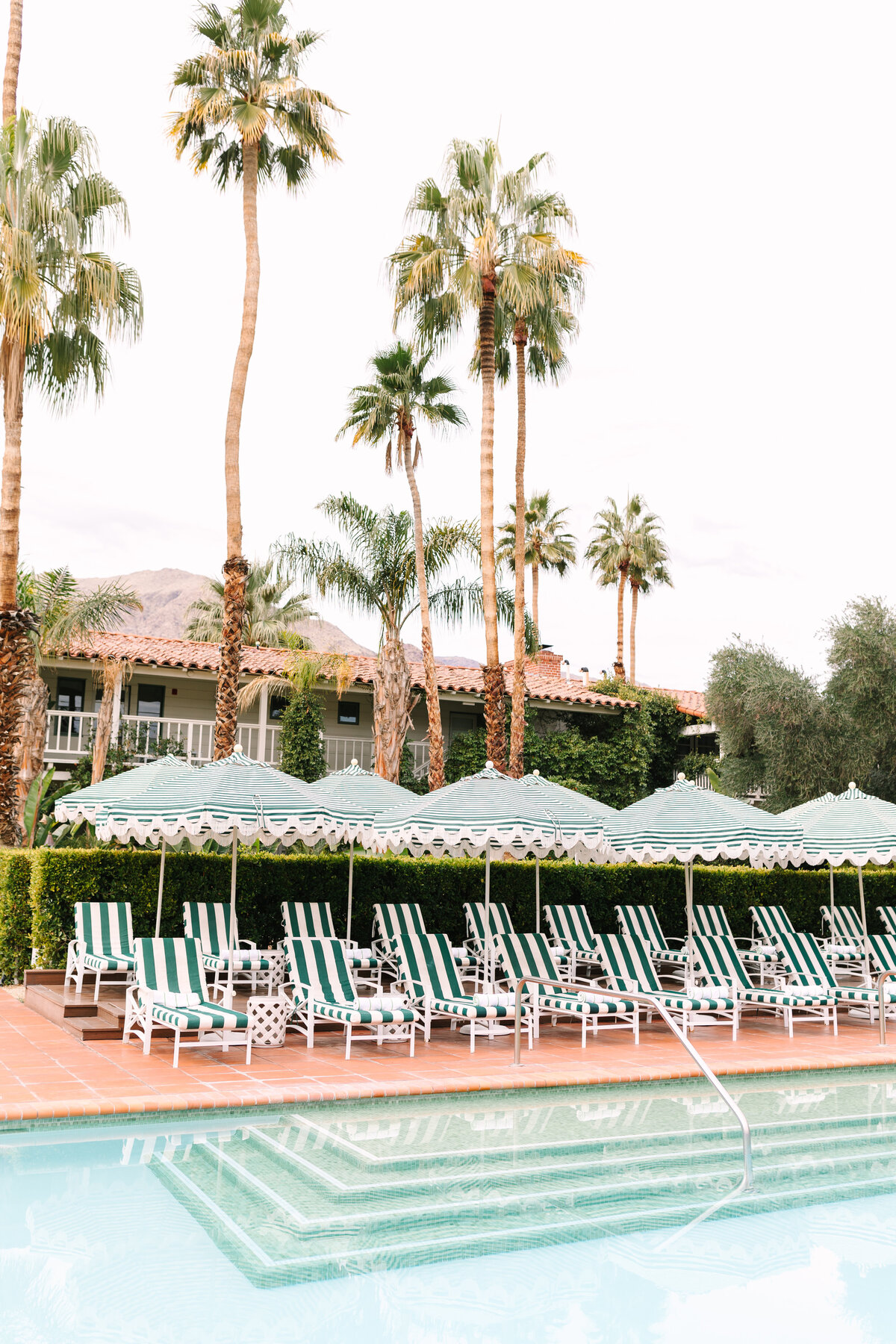 hotel pool with vintage striped lounge chair and umbrellas and tall palm trees.