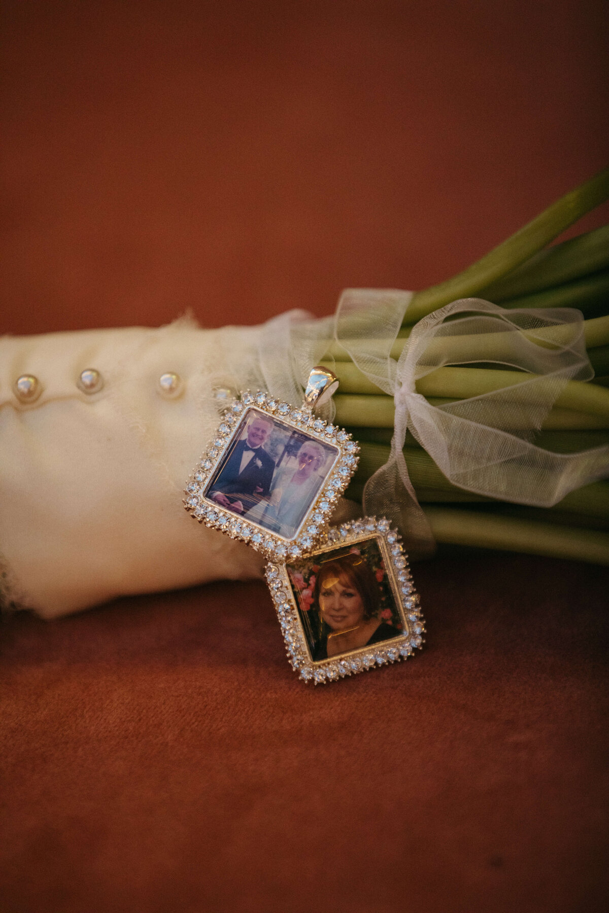 bride's bouquets and photos of loved ones