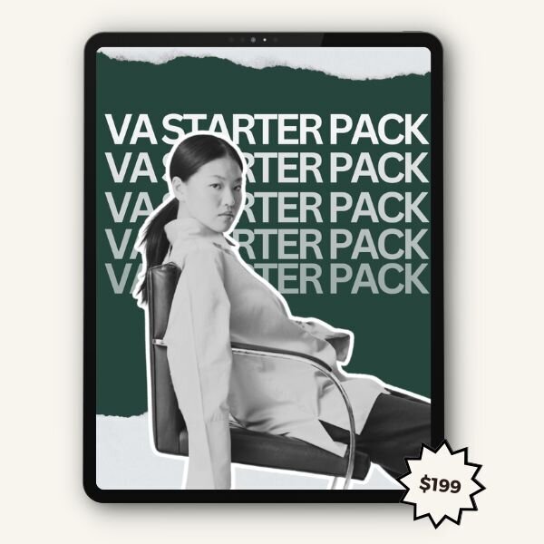 VA Starter Pack digital product Digital product mockup: VA Starter Pack, a resource bundle for virtual assistants, priced at $199