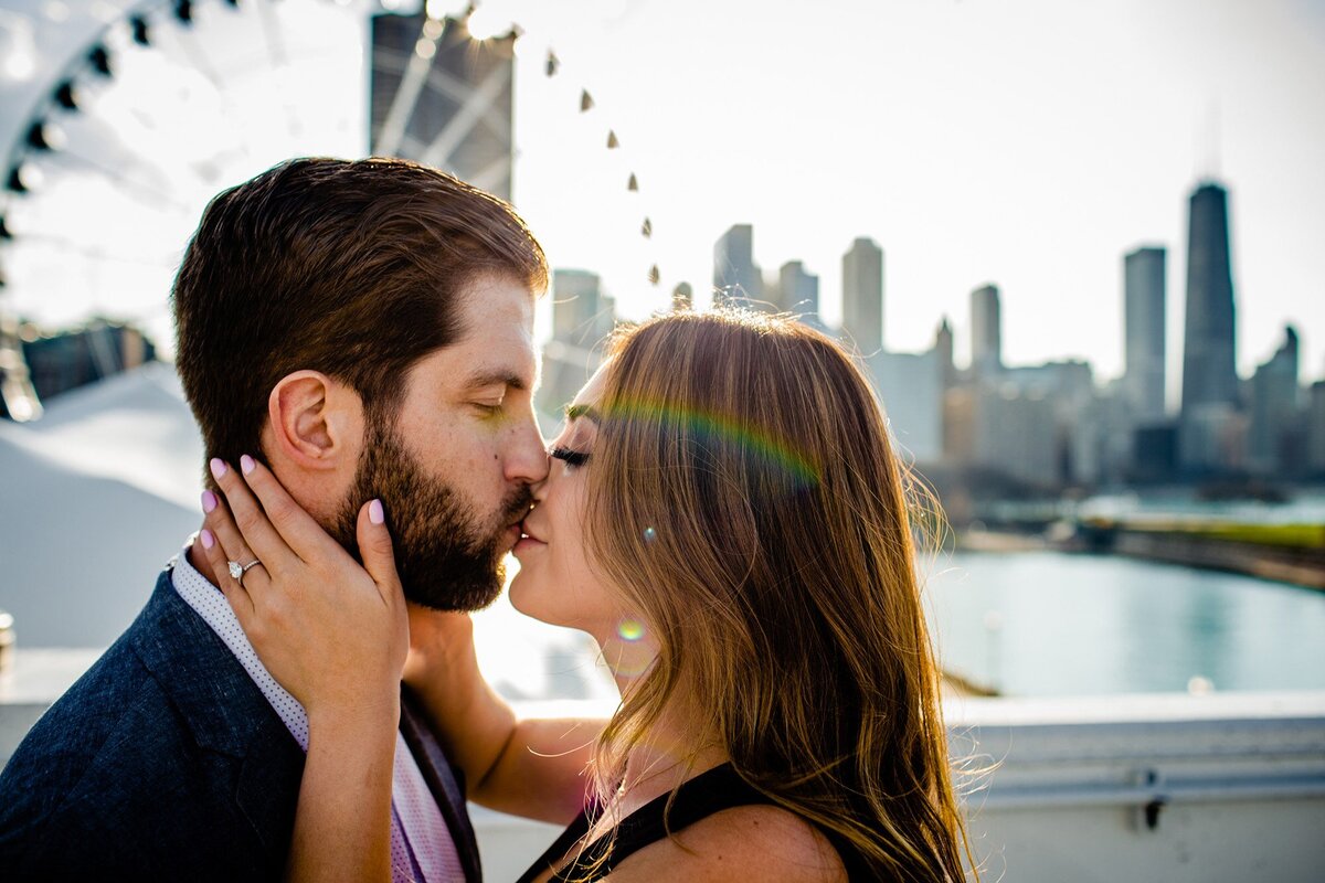 A couple kissed during a Navy Pier engagement session.