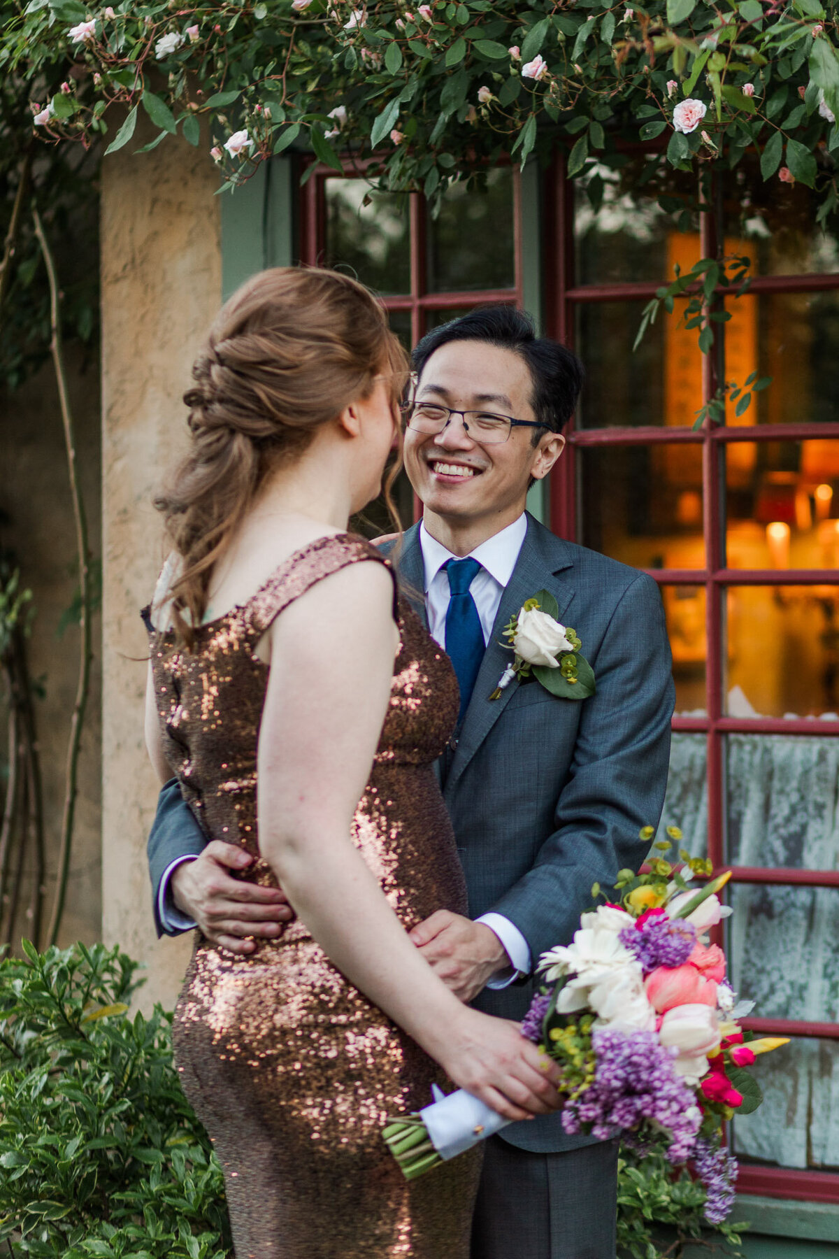 Colorful-photo-of-non-traditional-wedding-couple-at-Herbfarm-Restaurant-in-Woodinville-at-Willows-Lodge-Joanna-Monger-Photography