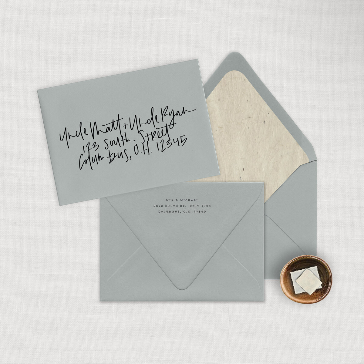 Calligraphy Wedding Mailing Envelope with printed return address and inserted textured envelope liner.
