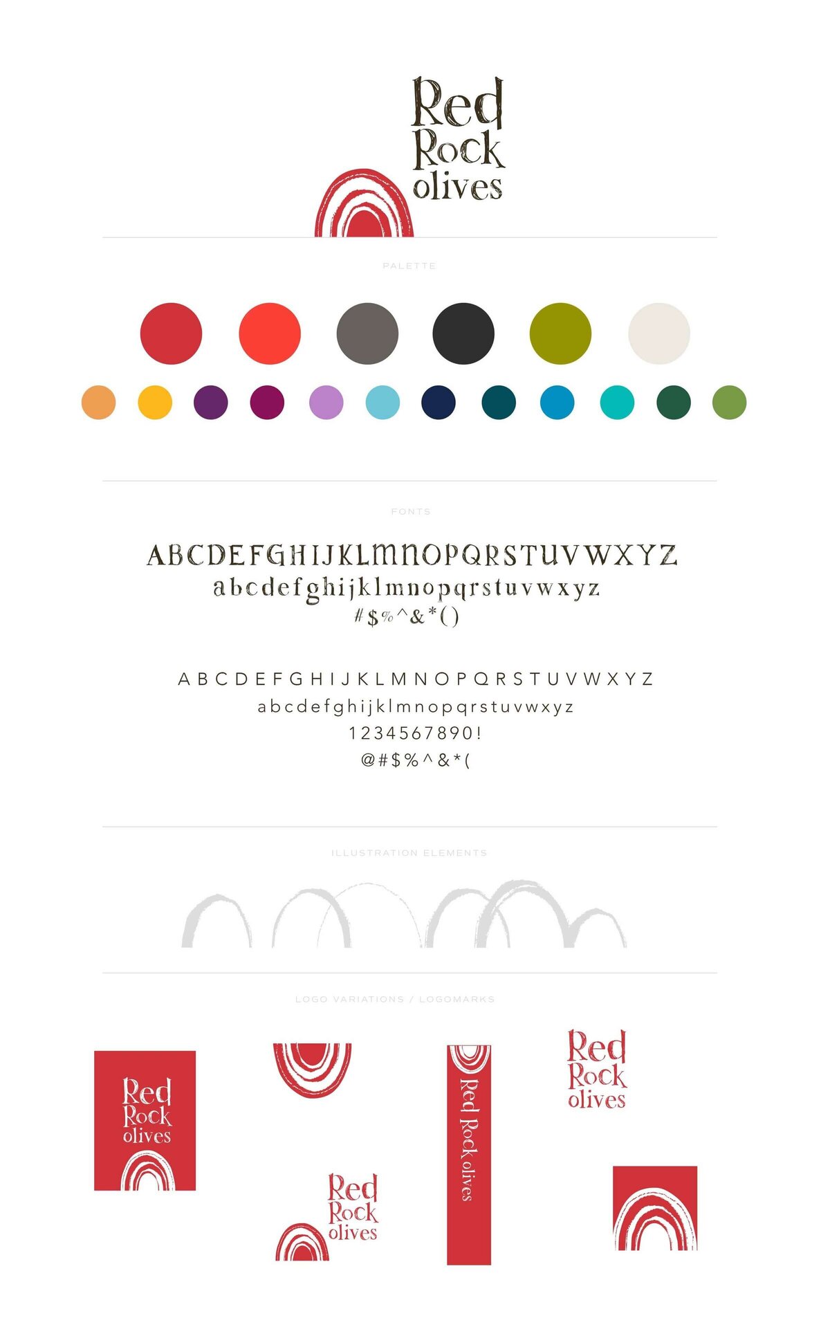 Red Rock Olives brand guidelines including colourful palette, funky font choices and curved illustration elements